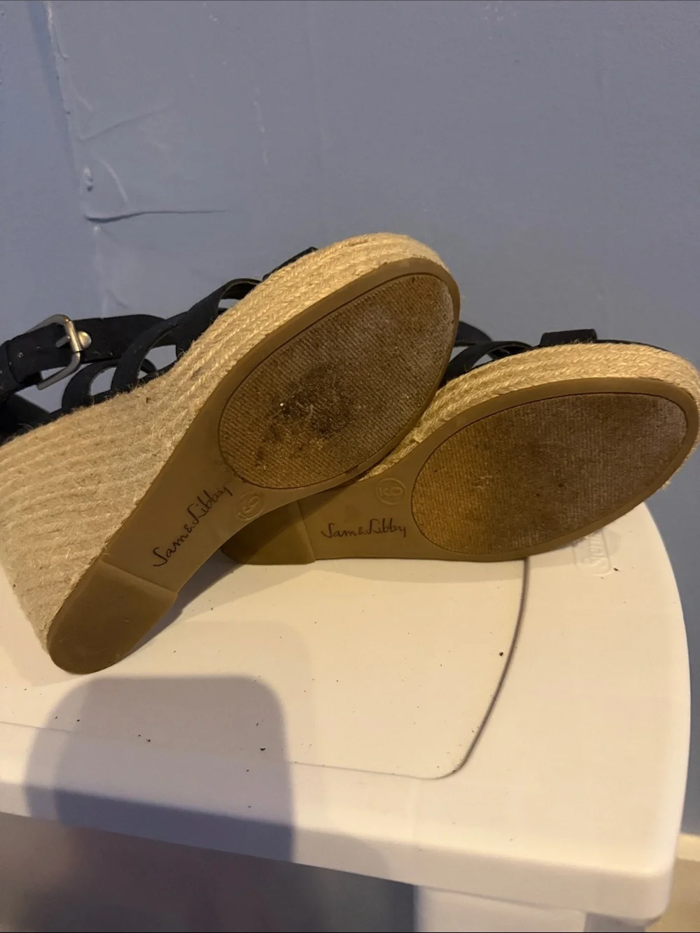 Sam & Libby Black Multi-Strap Espadrille Wedge Sandals with Buckle